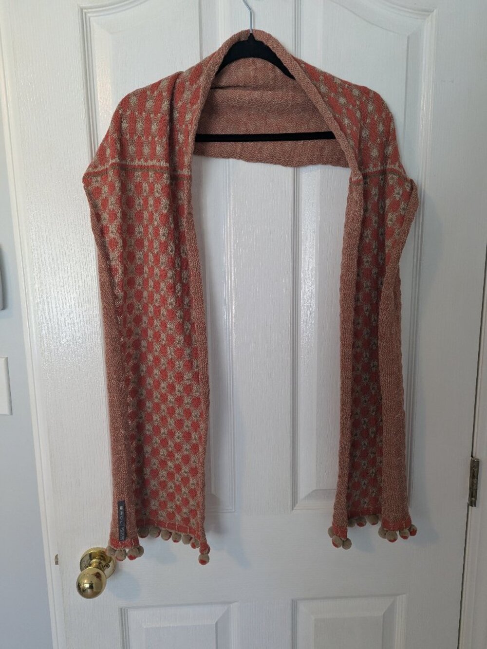 SOS Knit Pom-Pom Scarf | Orange & Taupe Geometric Pattern | Made in Peru